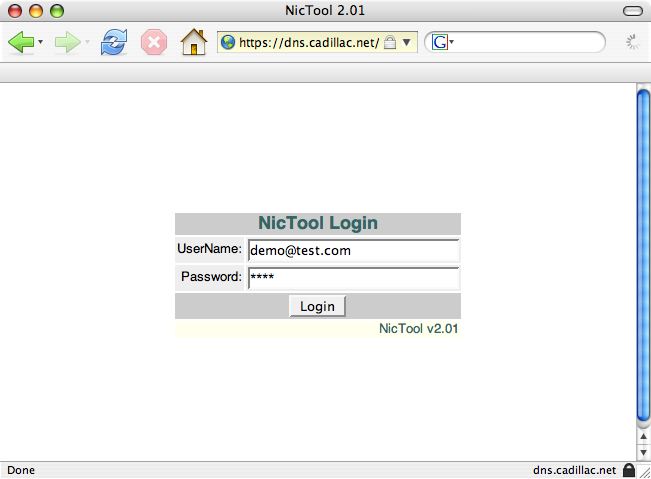 NicTool Login Demo screen